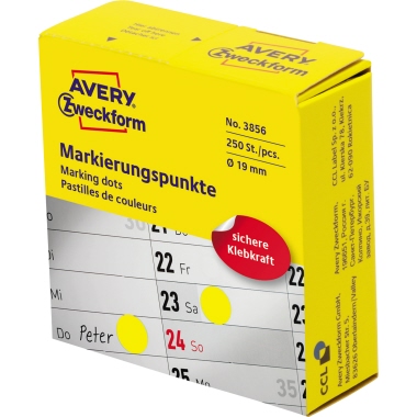 Avery Zweckform Markierungspunkt 19mm Papier gelb 250 Etik./Rl., Durchmesser: 19 mm, chlorfrei gebleicht, mit