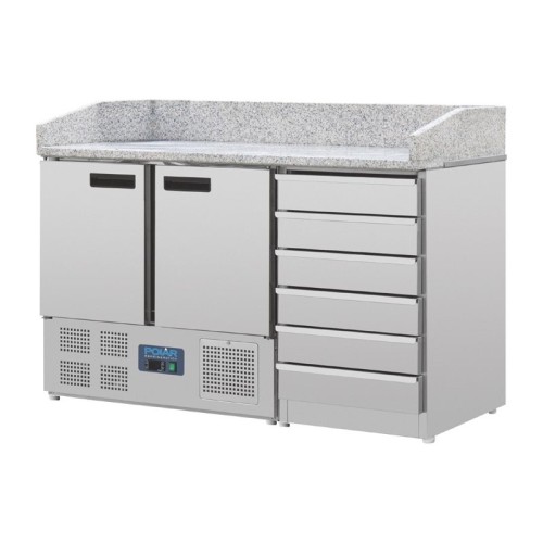 Polar 2-türiger Pizzakühltisch mit Marmorfläche und 6 Schubladen 257L. 257L. 230V, Arbeitsfläche: 142 x 70cm,