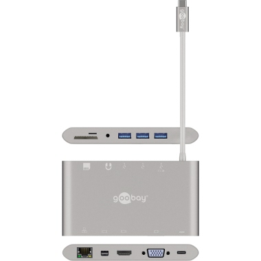 Goobay® USB-Adapter All in 1 USB 3.0 3 x USB 3.0-Buchse, HDMI-Buchse, VGA-Buchse (15-polig), USB-C-Stecker, USB-C-Buchse silber