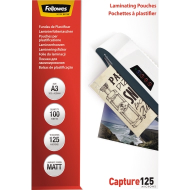 Fellowes® Laminierfolie Capture 125 306 x 428 mm (B x H) DIN A3 125µm matt 100 St./Pack., Maße: 306 x 428 mm (B x H),