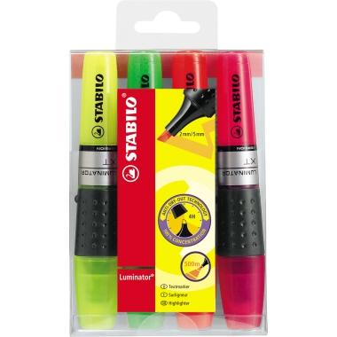STABILO® Textmarker LUMINATOR® 2-5mm gelb, grün, orange, pink 4 St./Pack., Strichstärke: 2-5 mm, Keilspitze,