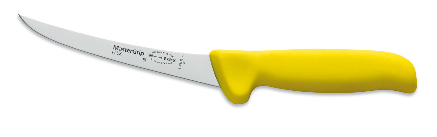 Dick Ausbeinmesser 15 cm, flexibel mit geschweifter Klinge, gelber Griff, Serie "Mastergrip"