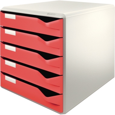 Leitz Schubladenbox DIN A4 Polystyrol Gehäusefarbe: lichtgrau Farbe der Schublade: rot 5 Schubfächer