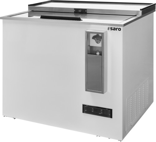 SARO Flaschenkühltruhe mit Schiebedeckel, Modell FKT 935 - Material: (Gehäuse) Stahl einbrennlackiert, weiß; (Deckel) Edelstahl;