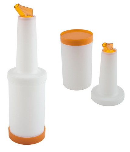 Dosier-/Vorratsflasche, orange Ø 9 cm, H: 33 cm, 0,85 Liter Polypropylen 4-teilig: Behälter + Flaschenhals + Schraubdeckel +