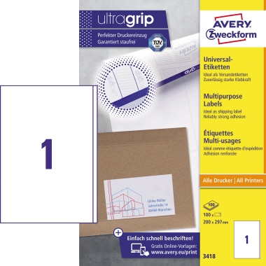 Avery Zweckform Universaletikett 200 x 297 mm (B x H) Papier weiß 100 Etik./Pack., Maße: 200 x 297 mm (B x H),