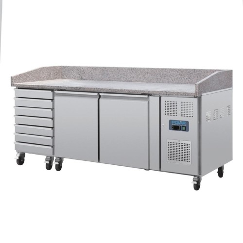 Polar 2-türiger Pizzakühltisch mit Marmorfläche und 7 Schubladen 428L. 428L. 230V, Arbeitsfläche: 202,5 x 80cm,