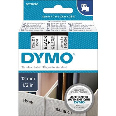 DYMO® Schriftbandkassette 12 mm x 7 m (B x L) D1 laminiert ausgeführt transparent schwarz