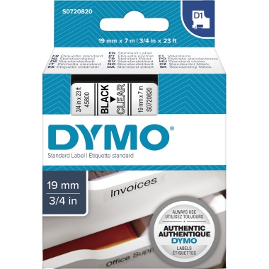 DYMO® Schriftbandkassette 19 mm x 7 m (B x L) D1 laminiert ausgeführt transparent schwarz