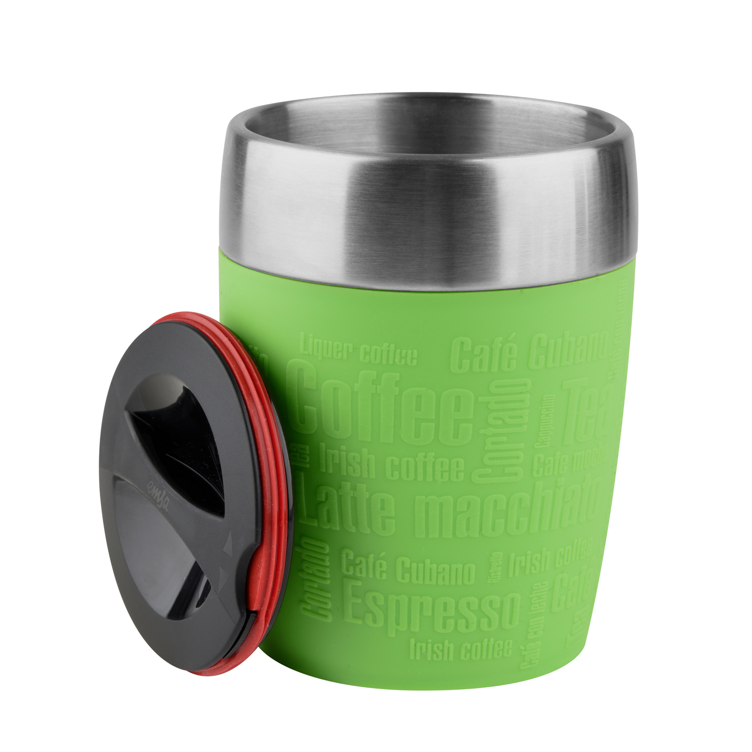 Emsa Isolierbecher TRAVEL CUP, Inhalt 0,2 Liter, Edelstahl 18/10 mit Manschette in limettengrün, mit Dreh-Trinkverschluss.