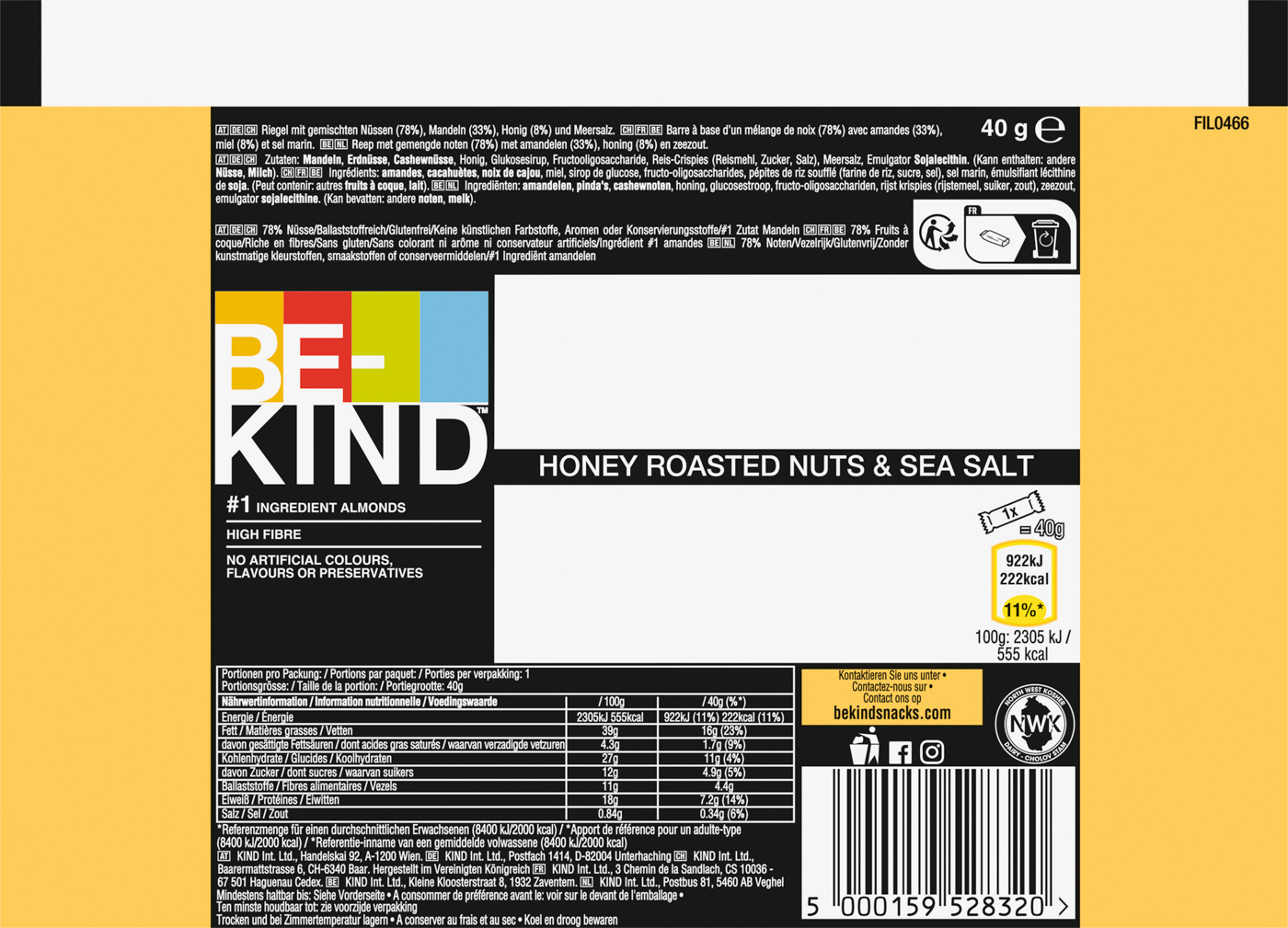 Be-Kind Honey Roasted Nuts & Sea Salt Riegel 40G