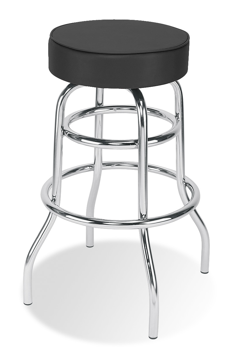 Barhocker Dortmund, Kunstleder schwarz, Gestell aus Stahlrohr, Farbe: verchromt, Sitzfläche drehbar, mit Fußablage