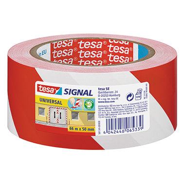 tesa® Signalklebeband Universal 50 mm x 66 m (B x L) Polypropylen rot/weiß, Maße: 50 mm x 66 m (B x L), Abrollgeräusch: