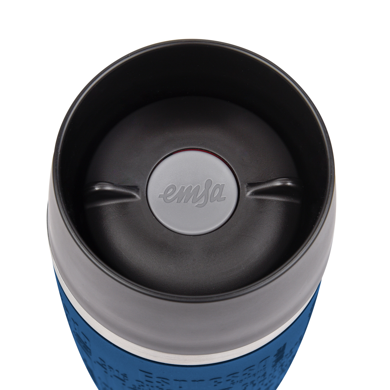 Emsa Isolierbecher TRAVEL MUG GRANDE, Inhalt: 0,5 Liter, 360 Trinköffnung, Farbe Manschette: blau.