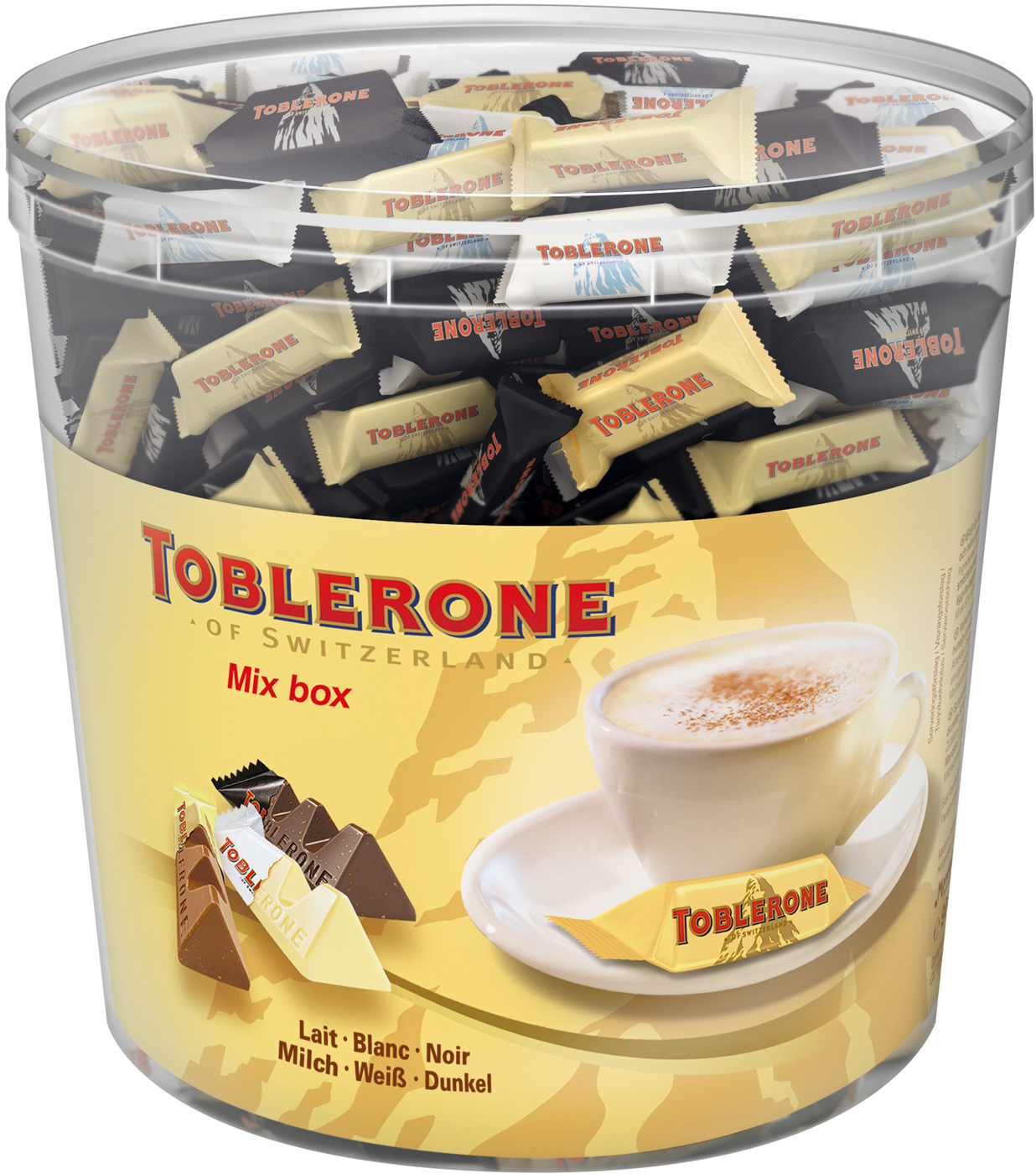 Toblerone Mini-Mix, Schokolade Inhalt: 113 Stück à 8 g je Runddose.
