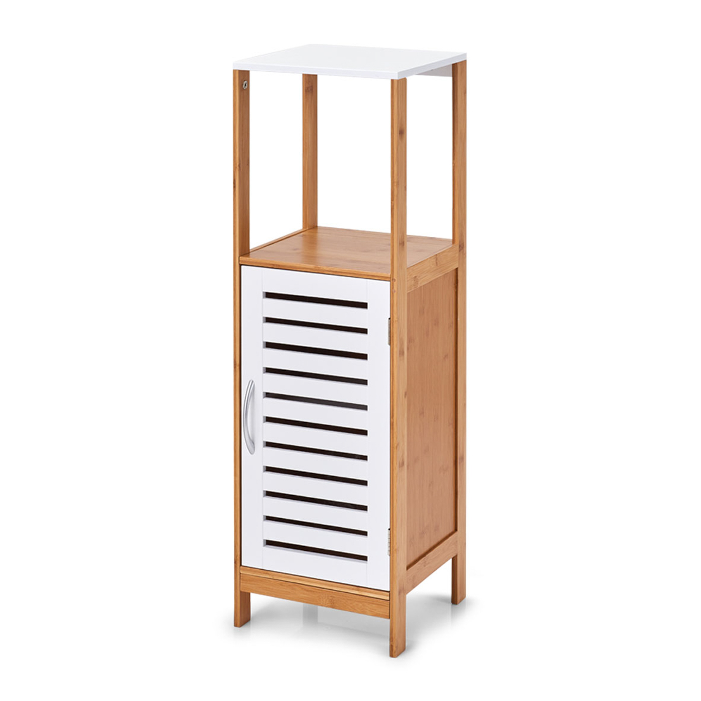 Badschrank, Bamboo; MDF, 30x30x96 cm. Farbe: weiß/bamboo. Bamboo & white - Praktischer Badschrank mit genug Stauraum für Ihre Handtücher