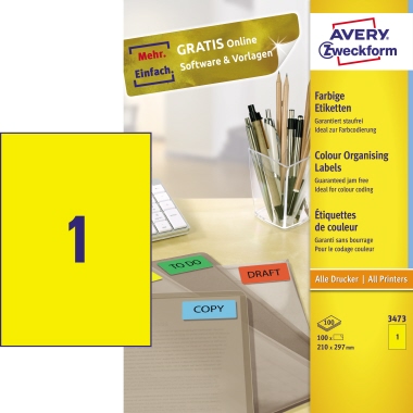 Avery Zweckform Universaletikett 210 x 297 mm (B x H) Papier gelb 100 Etik./Pack., Maße: 210 x 297 mm (B x H),