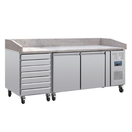 Polar 2-türiger Pizzakühltisch mit Marmorfläche und 7 Schubladen 428L. 428L. 230V, Arbeitsfläche: 202,5 x 80cm,