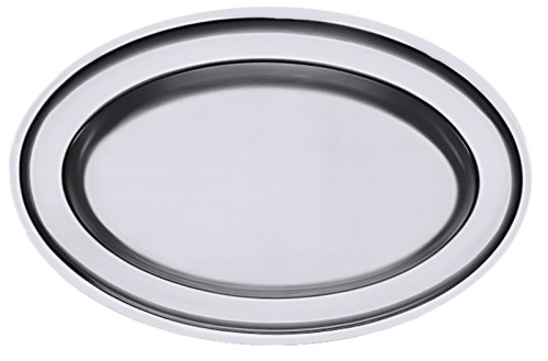 Bratenplatte, oval aus Edelstahl 18/10, seidenmatt poliert, mit gebördeltem Rand, schwere Qualität, hergestellt auf