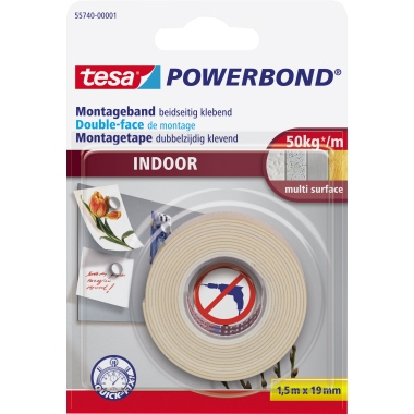 tesa® Montageklebeband Powerbond® Indoor Innenbereich 19 mm x 1,5 m (B x L) 75kg beidseitig klebend weiß
