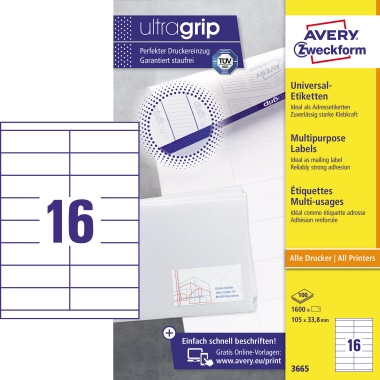 Avery Zweckform Universaletikett 105 x 33,8 mm (B x H) Papier weiß 1.600 Etik./Pack., Maße: 105 x 33,8 mm (B x H),