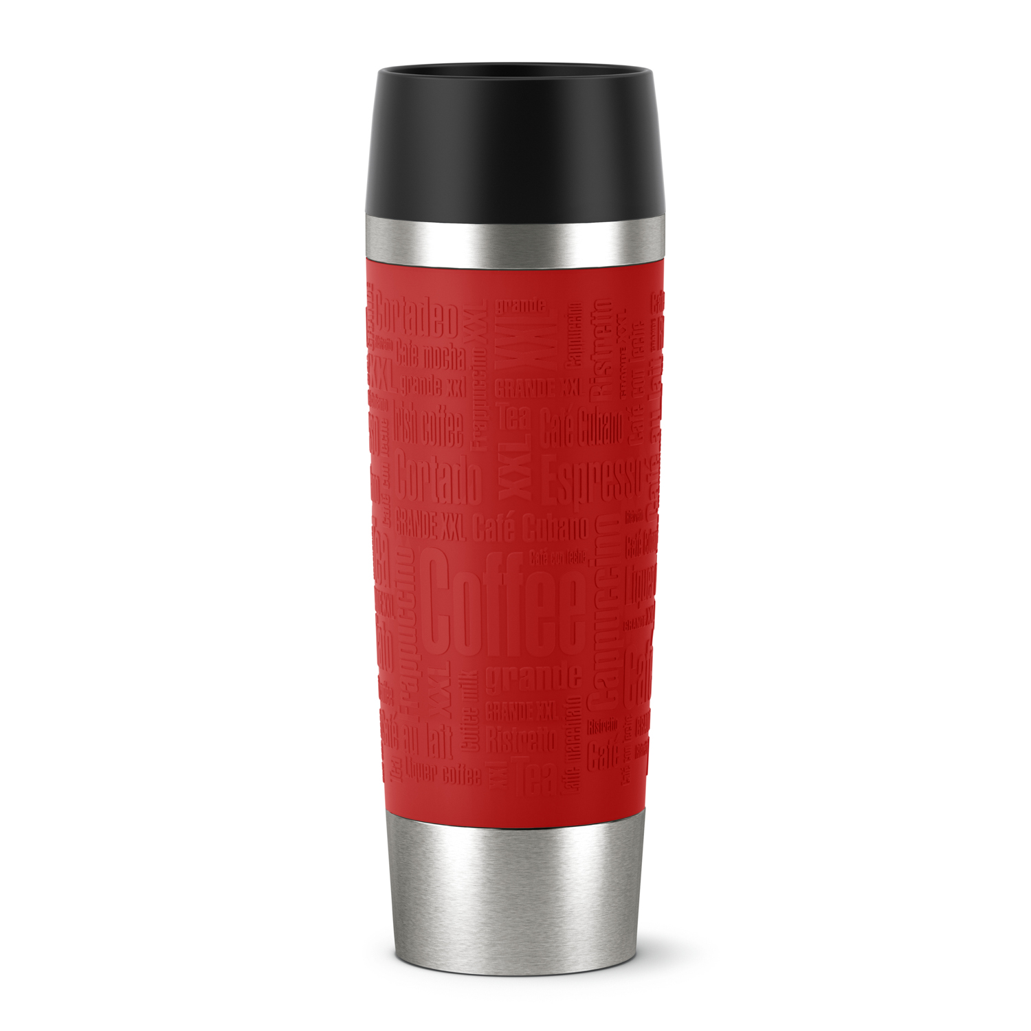 Emsa Isolierbecher TRAVEL MUG GRANDE, Inhalt: 0,5 Liter, 360 Trinköffnung, Farbe Manschette: rot.