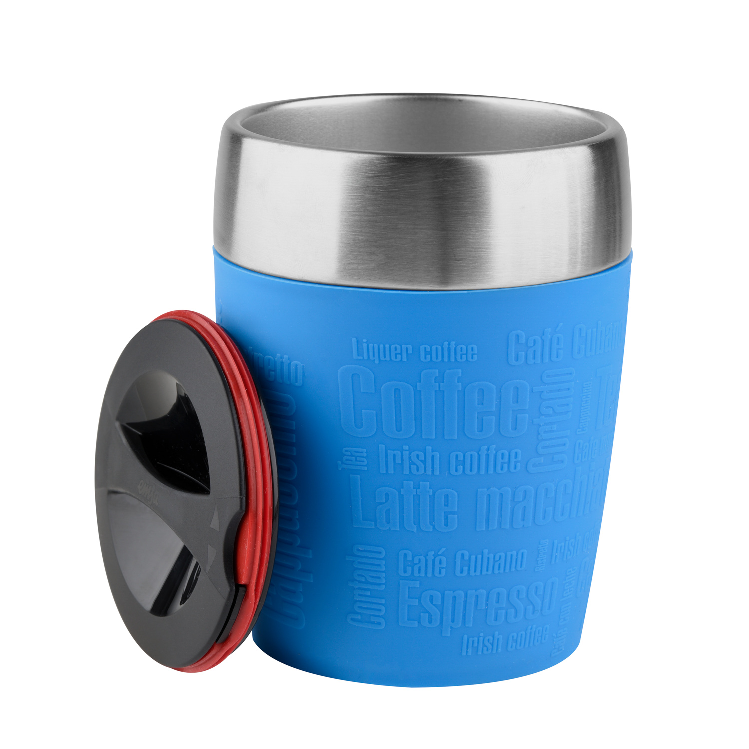 Emsa Isolierbecher TRAVEL CUP, Inhalt 0,2 Liter, Edelstahl 18/10 mit wasserblauer Manschette, mit Dreh-Trinkverschluss.