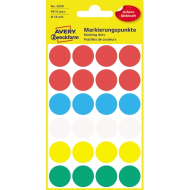 Avery Zweckform Markierungspunkt 18mm Papier farbig sortiert 96 Etik./Pack.