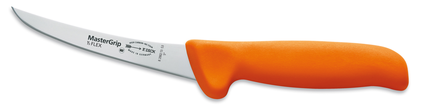 Dick Ausbeinmesser 13 cm, semi-flexibel mit geschweifter Klinge, oranger Griff, Serie "Mastergrip"