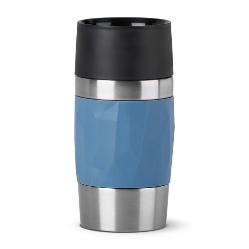 Emsa TRAVEL MUG COMPACT Isolierbecher 0,3 Liter, in der Farbe Blau, aus Edelstahl, Auslaufsicher, mit Soft Touch Manschette und Drehverschluss,