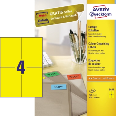 Avery Zweckform Universaletikett 105 x 148 mm (B x H) Papier gelb 400 Etik./Pack., Maße: 105 x 148 mm (B x H),