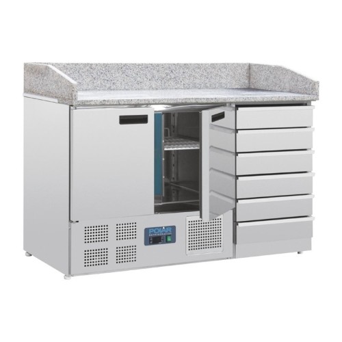 Polar 2-türiger Pizzakühltisch mit Marmorfläche und 6 Schubladen 257L. 257L. 230V, Arbeitsfläche: 142 x 70cm,