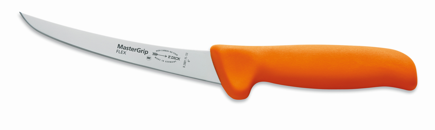 Dick Ausbeinmesser 15 cm, flexibel mit geschweifter Klinge, oranger Griff, Serie "Mastergrip"